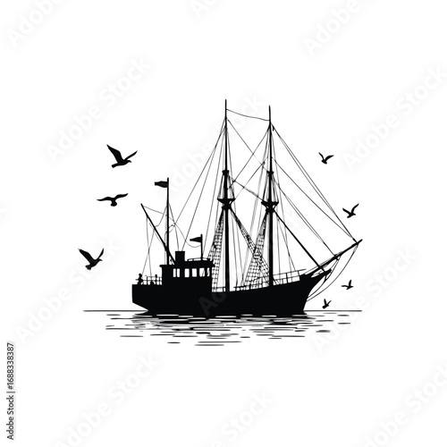 Black silhouette of a schooner sailing with seagulls