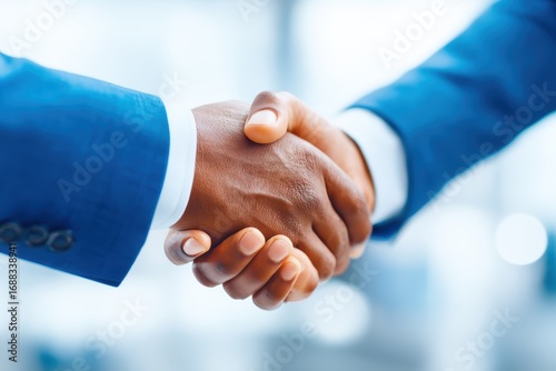 Two people in blue suits shaking hands, symbolizing agreement, partnership, and business cooperation in a professional setting