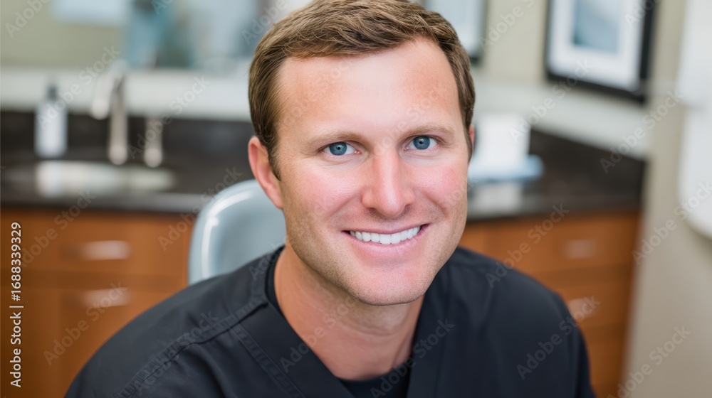 Obraz premium A smiling dentist in scrubs sits in a modern dental office, exuding friendliness and professionalism