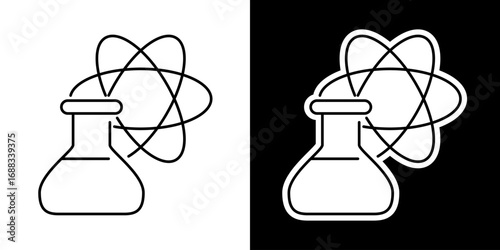 Minimalist black and white science icon featuring a laboratory flask with an atomic symbol, representing chemistry and physics research
