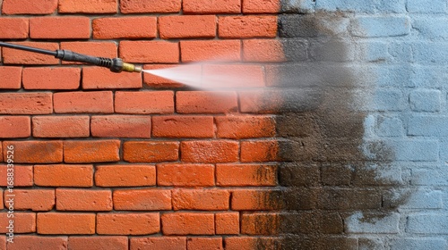 A pressure washer cleans a dirty, stained brick wall, revealing bright red bricks beneath the grime and transforming the wall's appearance