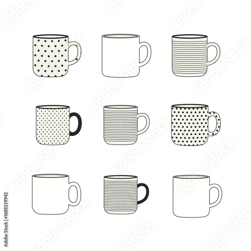 Nine Minimalist Coffee Mugs: Polka Dot, Striped, and Plain Designs.