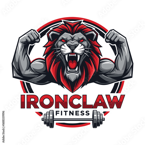 Powerful Muscular Lion Fitness Logo:  Aggressive, Red, and Gray Design