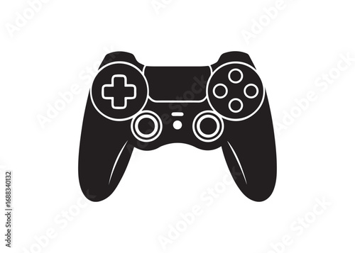 Silhouette of gaming joystick, black vector illustration of game controller icon isolated on white background.