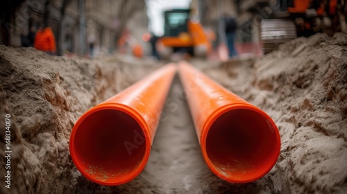 Two large orange utility pipes are laid in a sandy trench at a construction site on a city street