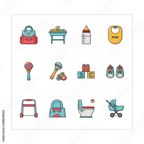 Colorful Baby Icons:  Nursery Essentials, Toys, and Potty Training.