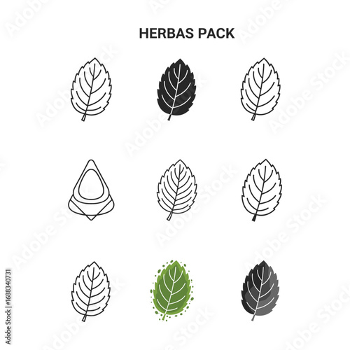 Mint Leaf Icons:  Vector Graphic Set, Line Art, Silhouette, and Watercolor Styles