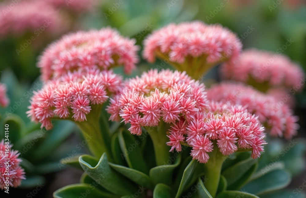 Obraz premium Close-up of Sedum Spectabile succulent flowers in bloom, featuring thick fleshy stems, vibrant pink inflorescences. Autumn blooming plant adds decorative beauty to garden landscapes, nature delicate