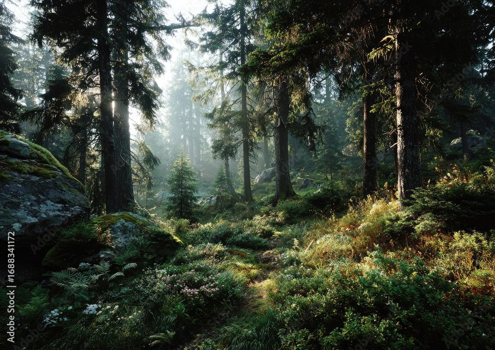 Obraz premium Misty forest scene, sunlight filtering through trees