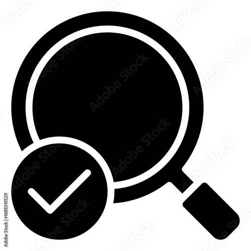 Search Check Glyph Black Silhouette Icon Design Vector - Magnifying glass with check mark, symbolizing verified result, confirmed search, or approval