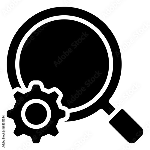Settings Search Glyph Black Silhouette Icon Design Vector - Magnifying glass with gear, symbolizing system settings check, configuration search, or troubleshooting