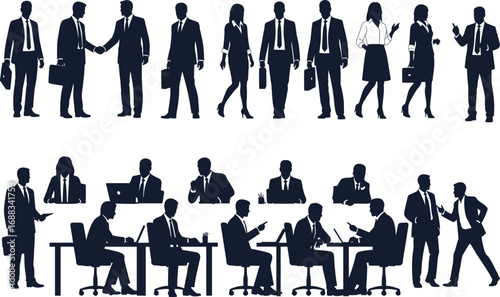 Business people silhouettes illustration showing teamwork, office meeting, corporate collaboration, professional staff communication and group discussion in workplace environment.