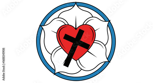 Christian symbol red heart cross petals circle.