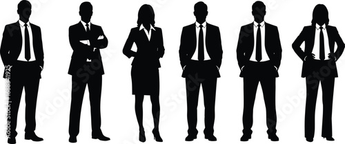 Silhouettes of business professionals standing in formal attire, corporate teamwork illustration showing office staff, leadership, organization, and collaboration concept design.
