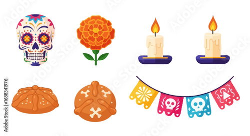 Colorful Dia de los Muertos Symbols.