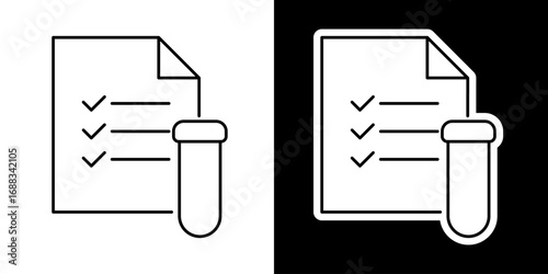 Medical test results document with a checklist and lab vial icon. Concept of diagnostic reports, clinical analysis, and health assessment