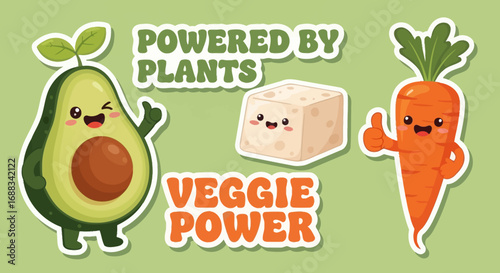 Cute Kawaii Vegan Food Characters Avocado Tofu and Carrot.