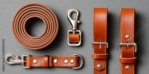 Various Brown Leather Dog Leashes and Collars Arranged on a Gray Surface
