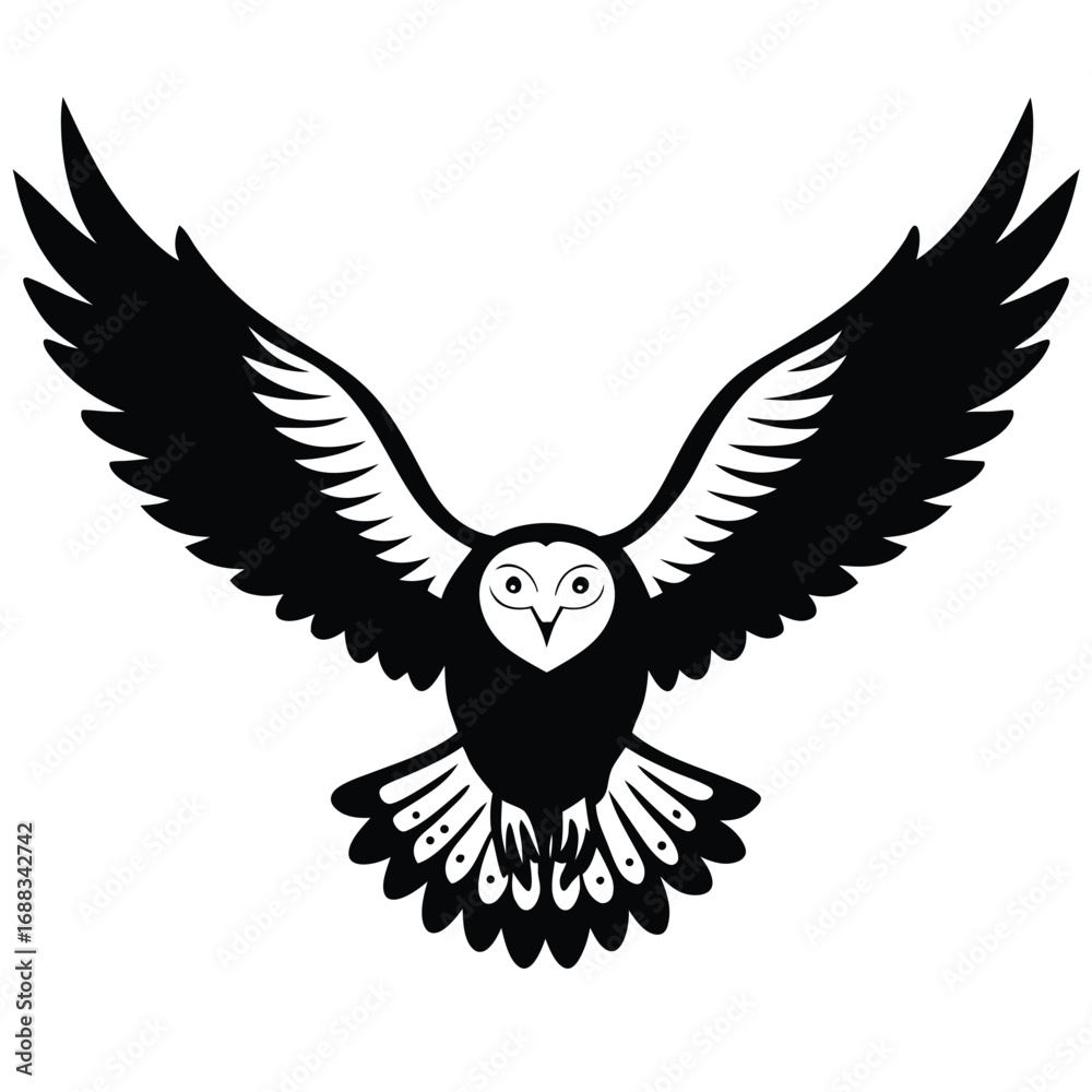 Fototapeta premium Adobe IllustStunning close-up of a snowy owl gliding low over an icy tundra, eyes locked on viewer, pale winter sun. raptor Artwork Etching illustration of an angry Great Horned Owl