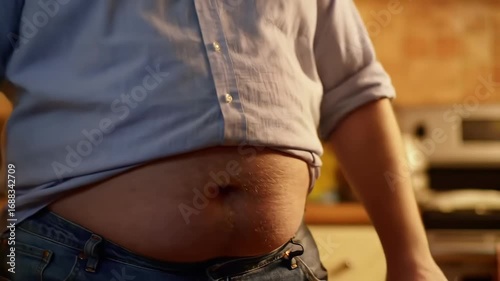 Man Struggles to Button Shirt, Showing Belly