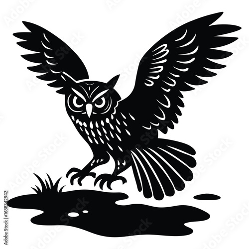 Adobe IllustStunning close-up of a snowy owl gliding low over an icy tundra, eyes locked on viewer, pale winter sun. raptor Artwork Etching illustration of an angry Great Horned Owl
