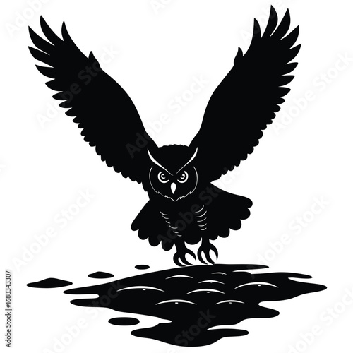 Adobe IllustStunning close-up of a snowy owl gliding low over an icy tundra, eyes locked on viewer, pale winter sun. raptor Artwork Etching illustration of an angry Great Horned Owl
