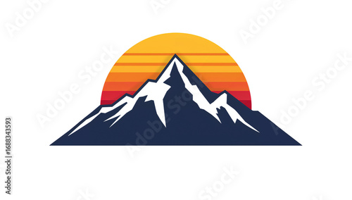 Retro mountain landscape vector illustration with vibrant sunset colors minimal design style