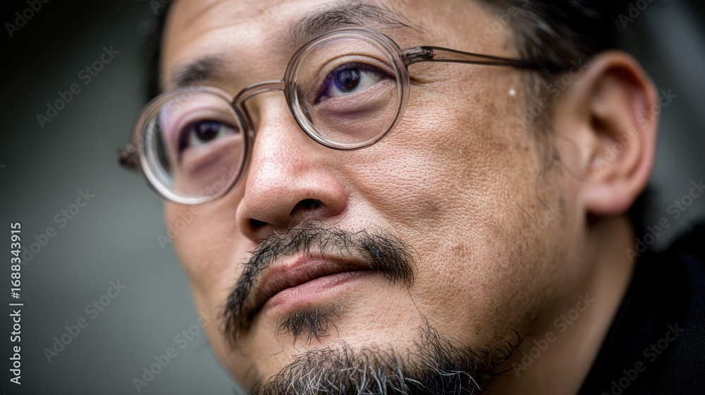 Fototapeta premium A thoughtful man with glasses and a beard gazes upward, his expression calm and introspective against a blurred background