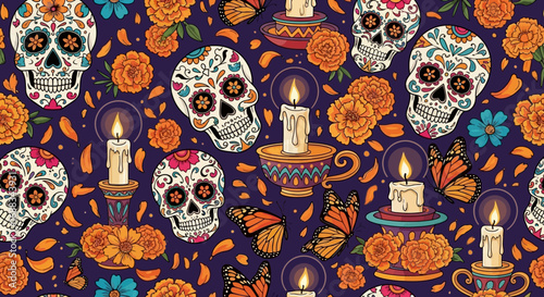 sugar skull pattern with candles and flowers.