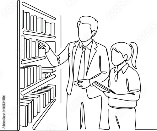 Teacher helping student choose book from library shelf education learning knowledge research wisdom
