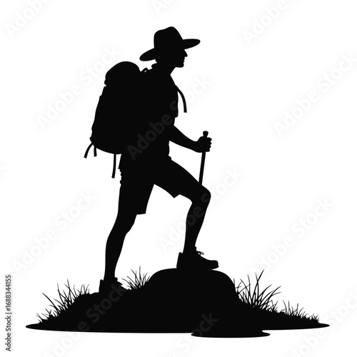 Silhouette hiker with backpack and trekking pole on rock