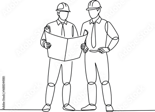 Two architects discussing building plans blueprints construction project teamwork collaboration