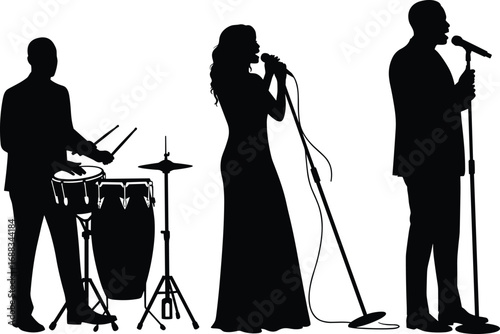 Silhouette of a Musical Band Performing with Male and Female Singers and Percussionist Playing Conga Drums on Stage