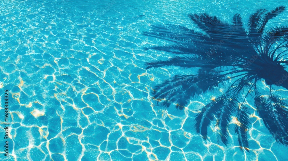 Fototapeta premium Clear blue swimming pool water with a palm tree shadow reflecting on the surface, creating a relaxing and tropical atmosphere