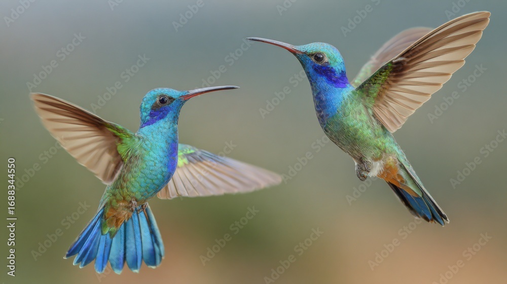 Fototapeta premium Two striking hummingbirds with iridescent blue and green plumage are seen hovering in a lush environment, showcasing their agility and beauty in bright daylight.
