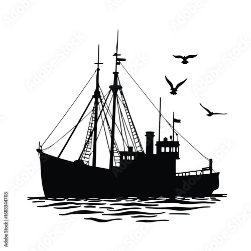 Silhouette of a fishing trawler with seagulls flying