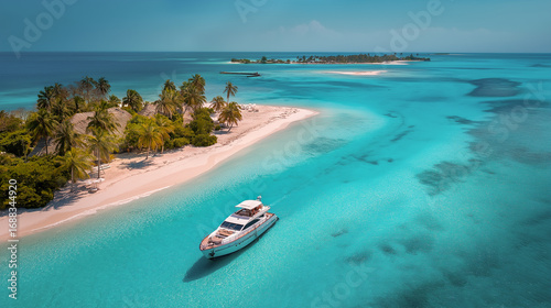 tropical island with a boat tropical beach with resort palm trees and hotel blue sky travel holiday desktop wallpaper