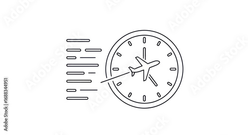 Simple Line Art Icon of Airplane and Clock for Travel Time.