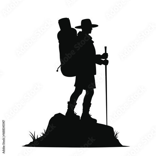 Silhouette of hiker with backpack and trekking pole on rock