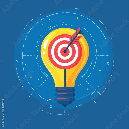 Light bulb with target and arrow inside. Innovation, focused ideas, goal achievement and strategic thinking concept , vector style simple color