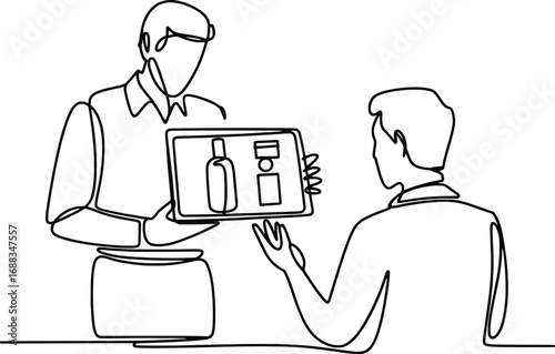 Person presenting product options to customer on digital tablet in store or shop