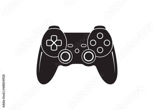 Silhouette of gaming joystick, black vector illustration of game controller icon isolated on white background.