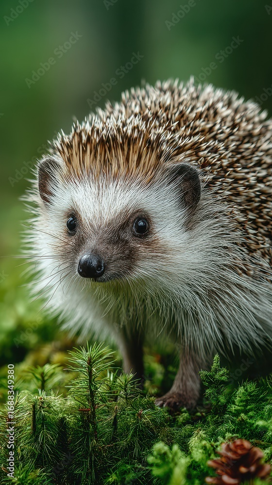 Fototapeta premium Hedgehog exploring lush greenery in a vibrant forest during a sunny afternoon