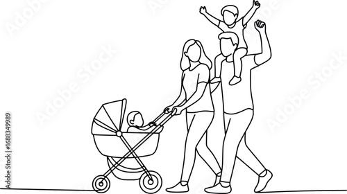 Happy family strolling together with newborn baby and child on shoulders