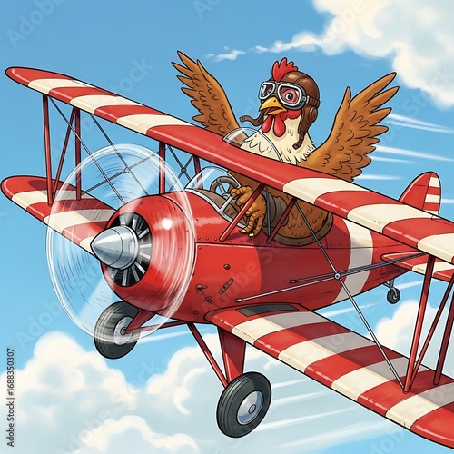 Cartoon chicken piloting red biplane