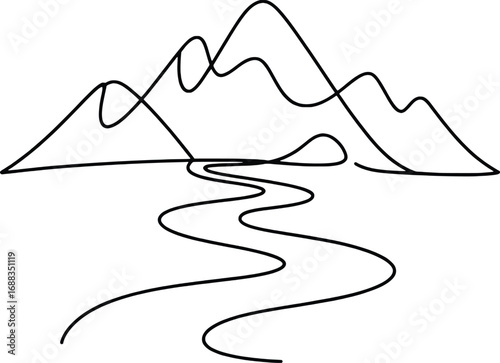 Minimalist continuous line drawing of winding river flowing towards majestic mountains scenery