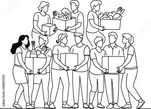 Diverse group of people carry boxes filled with food and goods helping others
