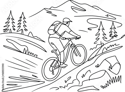 Mountain biking adventure dynamic rider descending rocky trail amidst trees and peaks