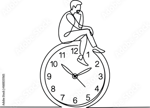Man pondering sitting on a clock face one line art concept of time and thought
