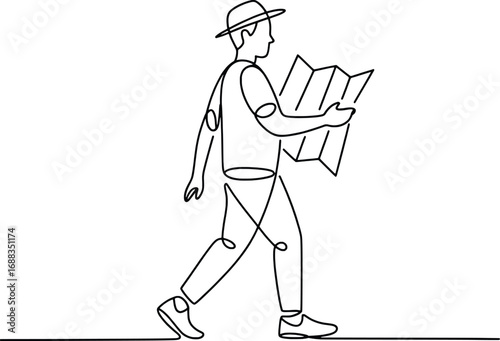 Man in hat walking holding open map exploring discovering destination journey adventure concept